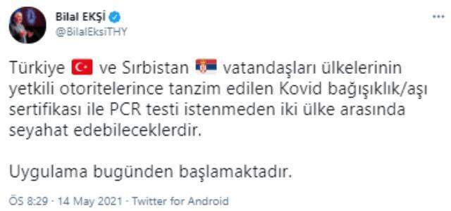 TÜRKİYE İLE SIRBİSTAN ARASINDA PCR TESTİ ZORUNLULUĞU KALDIRILDI