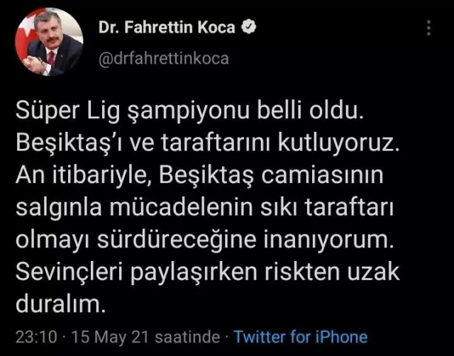 Bakan Koca'dan Beşiktaş taraftarına uyarı: Sevinçleri paylaşırken riskten uzak duralım Bakan Koca'dan Beşiktaş taraftarına uyarı: Sevinçleri paylaşırken riskten uzak duralım