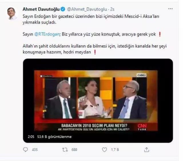 Davutoğlu'ndan kendisine 'hain' diyen Cumhurbaşkanı Erdoğan'a çağrı: Konuşmak için aracıya ihtiyacımız yok Davutoğlu'ndan kendisine 'hain' diyen Cumhurbaşkanı Erdoğan'a çağrı: Konuşmak için aracıya ihtiyacımız yok