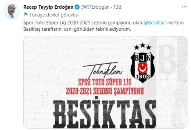 Son Dakika: Cumhurbaşkanı Erdoğan, Süper Lig şampiyonu Beşiktaş'ı tebrik etti