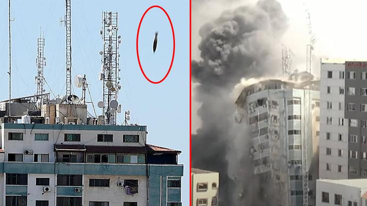 Son dakika! İsrail'in Gazze'deki medya binasını vurma anı kameralara saniye saniye yansıdı