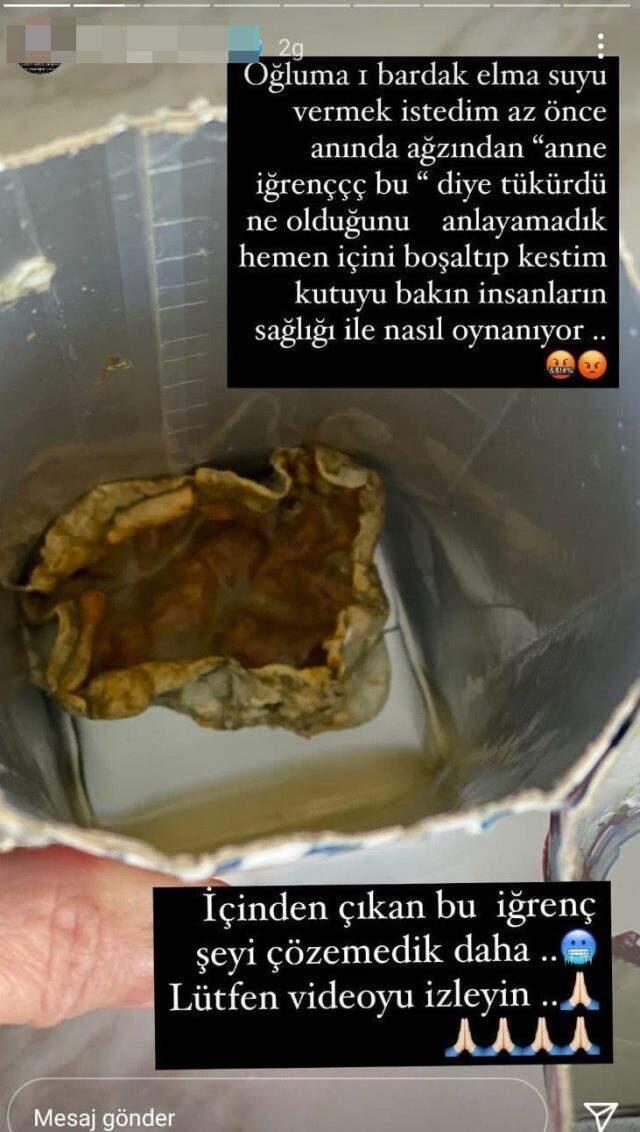 Bakan Ersoy'un eşi 'Korkunç bir görüntü' notuyla paylaştı! Meyve suyu paketinde mide bulandıran cisim Bakan Ersoy'un eşi 'Korkunç bir görüntü' notuyla paylaştı! Meyve suyu paketinde mide bulandıran cisim