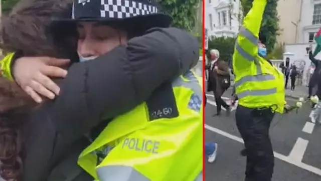 İngiltere'de polis memuru, durdurmak için gittiği Filistin yanlısı protestoculara katıldı İngiltere'de polis memuru, durdurmak için gittiği Filistin yanlısı protestoculara katıldı