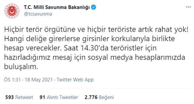 Milli Savunma Bakanlığı 'Saat 14.30'u bekleyin' deyip duyurdu: Teröristler için bir mesajımız var