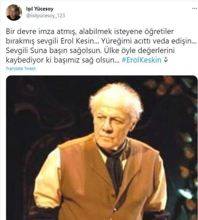 Ünlü oyuncu Işıl Yücesoy paylaştı! Usta sanatçı Erol Keskin hayatını kaybetti Ünlü oyuncu Işıl Yücesoy paylaştı! Usta sanatçı Erol Keskin hayatını kaybetti