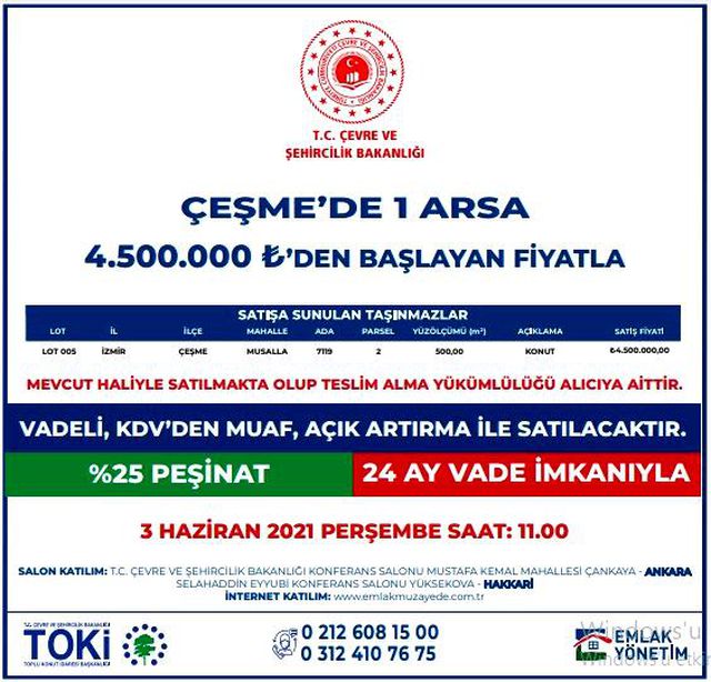 Bakanlık Çeşme'deki 1 arsayı 4,5 milyon liraya satışa çıkardı