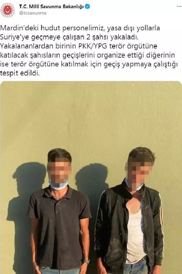 MSB: 'Mardin'deki hudut personelimiz, yasa dışı yollarla Suriye'ye geçmeye çalışan 2 şahsı yakaladı. MSB: 'Mardin'deki hudut personelimiz, yasa dışı yollarla Suriye'ye geçmeye çalışan 2 şahsı yakaladı.