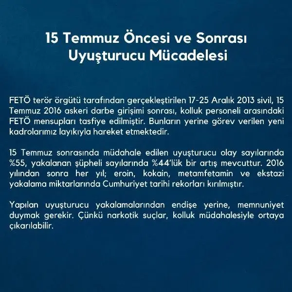 EGM, 15 Temmuz öncesi ve sonrası uyuşturucuyla mücadele verilerini paylaştı EGM, 15 Temmuz öncesi ve sonrası uyuşturucuyla mücadele verilerini paylaştı