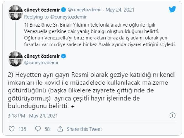 Binali Yıldırım, oğlu Erkam'ın Venezuela ziyaretiyle ilgili yeni bir açıklama yaptı: Yeni fırsatlar var mı diye ziyaret etti