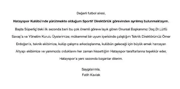 Atakaş Hatayspor Sportif Direktörü Fatih Kavlak istifa etti