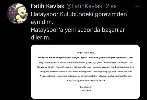 Atakaş Hatayspor Sportif Direktörü Fatih Kavlak istifa etti