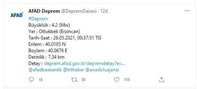 Erzincan 4,2 büyüklüğünde deprem
