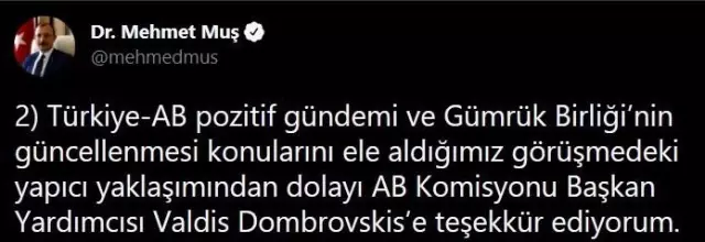 Son dakika haberleri! Bakan Muş, AB Komisyonu Başkan Yardımcısı ile görüştü