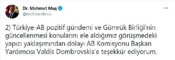 Son dakika haberleri! Bakan Muş, AB Komisyonu Başkan Yardımcısı ile görüştü