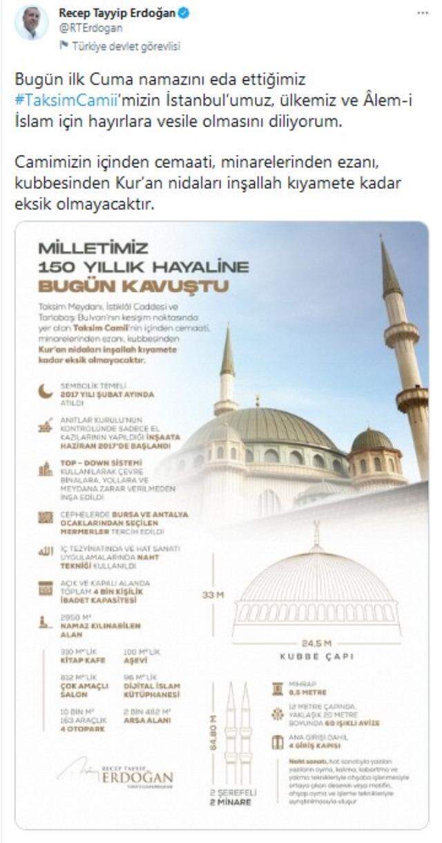Cumhurbaşkanı Erdoğan'dan Taksim Camii paylaşımı