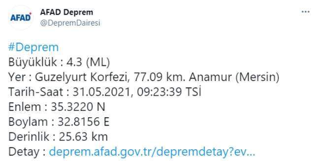 Mersin'in Anamur ilçesi açıklarında 4,3 büyüklüğünde deprem
