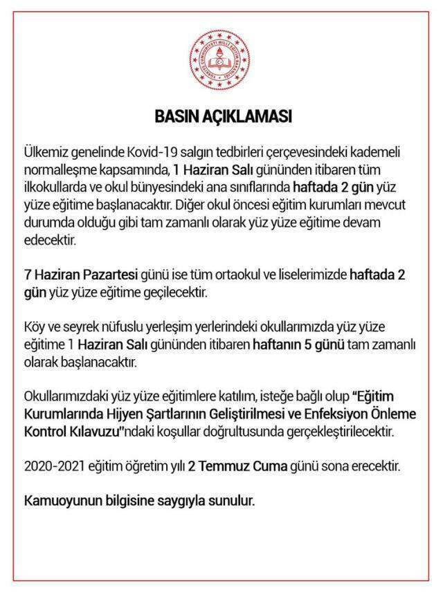 Yarın (1 Haziran) hangi sınıflar açılacak? Yarın hangi sınıflar okula başlıyor? Yüz yüze eğitim başladı mı?