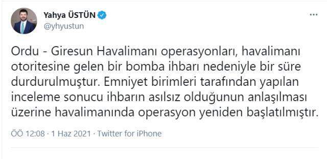 Ordu-Giresun Havalimanı'nda uçağa bomba ihbarı