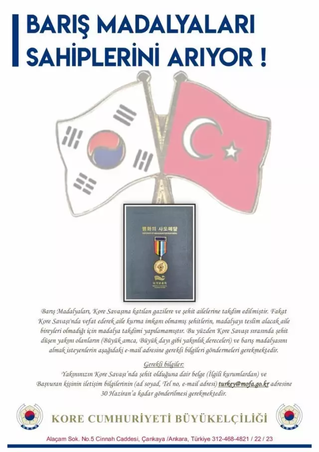 Güney Kore'den Kore Savaşı'na katılan gazi ve şehitlerin ailelerine 'Barış Madalyaları' Güney Kore'den Kore Savaşı'na katılan gazi ve şehitlerin ailelerine 'Barış Madalyaları'
