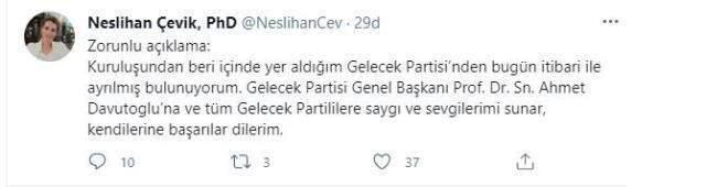 Ahmet Davutoğlu'nun yardımcısı Neslihan Çevik partiden istifa etti! Neden istifa ettiğini açıklamadı Ahmet Davutoğlu'nun yardımcısı Neslihan Çevik partiden istifa etti! Neden istifa ettiğini açıklamadı