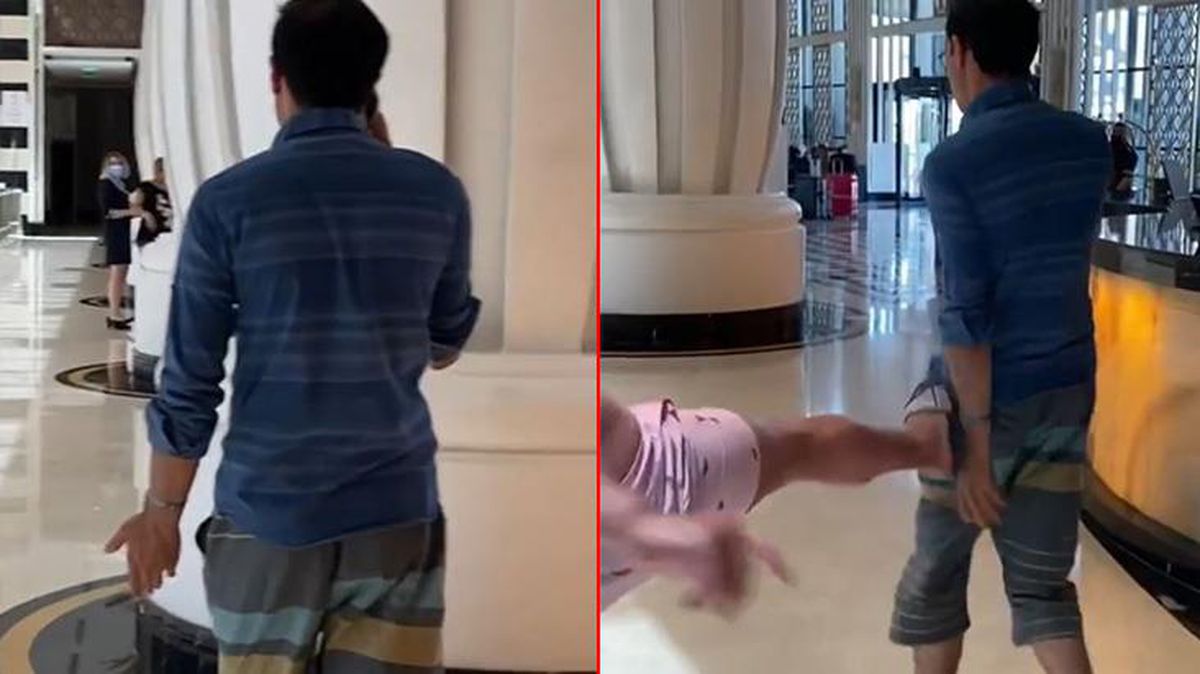 Otelde çocuklarının fotoğrafını çeken adama tekmeyle saldırdı