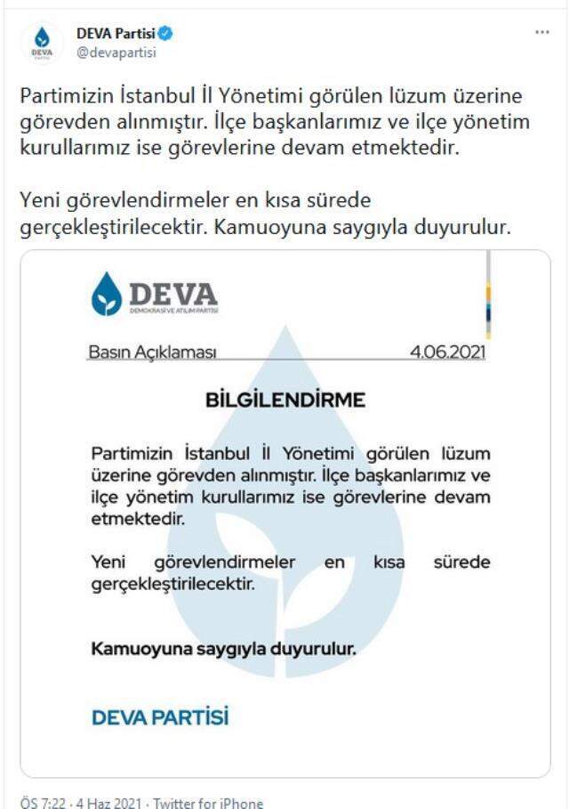 DEVA İstanbul İl Başkanlığı yönetimi görevden alındı