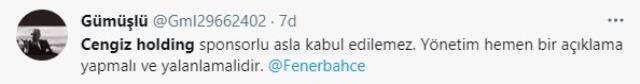 Fenerbahçe'nin yeni sponsorunun Cengiz Holding olacağı iddialarına taraftarlar ateş püskürdü Fenerbahçe'nin yeni sponsorunun Cengiz Holding olacağı iddialarına taraftarlar ateş püskürdü