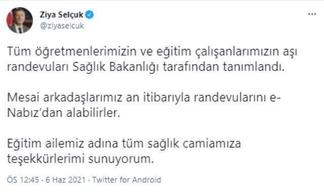 Son Dakika: Tüm öğretmen ve eğitim çalışanlarının koronavirüs aşı randevuları açıldı