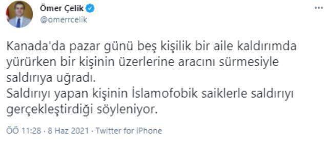 Kanada'da Müslüman aileye yapılan saldırıyla ilgili AK Parti Sözcüsü Ömer Çelik'ten tepki: Bu saldırıları İslam düşmanlığından ayrı göremeyiz Kanada'da Müslüman aileye yapılan saldırıyla ilgili AK Parti Sözcüsü Ömer Çelik'ten tepki: Bu saldırıları İslam düşmanlığından ayrı göremeyiz