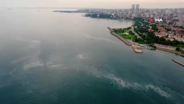 Sahilden adalara uzanan müsilaj tabakası görüntülendi Sahilden adalara uzanan müsilaj tabakası görüntülendi