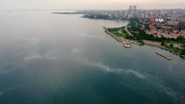 Sahilden adalara uzanan müsilaj tabakası görüntülendi Sahilden adalara uzanan müsilaj tabakası görüntülendi