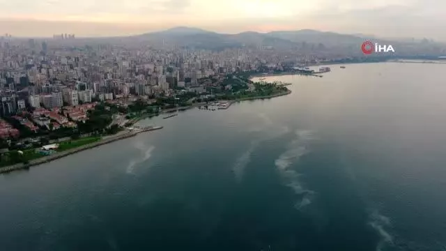 Sahilden adalara uzanan müsilaj tabakası görüntülendi Sahilden adalara uzanan müsilaj tabakası görüntülendi