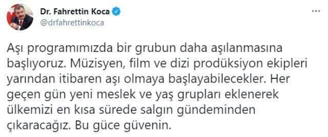 Son Dakika: Müzisyen, film ve dizi prodüksiyon ekipleri yarından itibaren aşı olmaya başlayacak