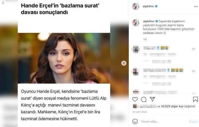 Hande Erçel'in açtığı davayı kaybeden fenomen Alp Kılınç'tan çok konuşulacak paylaşım: Sadakam olsun Hande Erçel'in açtığı davayı kaybeden fenomen Alp Kılınç'tan çok konuşulacak paylaşım: Sadakam olsun