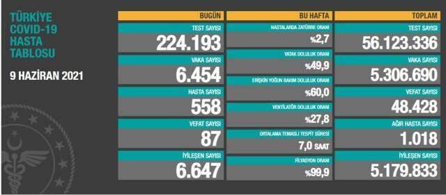 Son Dakika: Türkiye'de 9 Haziran günü koronavirüs nedeniyle 87 kişi vefat etti, 6 bin 454 yeni vaka tespit edildi