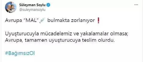 Bakan Soylu'dan Avrupa Uyuşturucu Raporu'yla ilgili paylaşım Açıklaması Bakan Soylu'dan Avrupa Uyuşturucu Raporu'yla ilgili paylaşım Açıklaması
