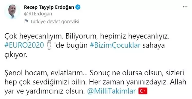 Cumhurbaşkanı Erdoğan'dan EURO 2020 açılış maçı için A Milli Takım'a destek paylaşımı Açıklaması Cumhurbaşkanı Erdoğan'dan EURO 2020 açılış maçı için A Milli Takım'a destek paylaşımı Açıklaması