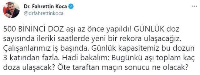Sağlık Bakanı Koca: 'Günlük doz sayısında ileriki saatlerde yeni bir rekora ulaşacağız' Sağlık Bakanı Koca: 'Günlük doz sayısında ileriki saatlerde yeni bir rekora ulaşacağız'
