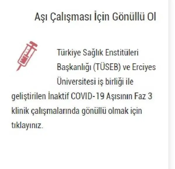 Yerli aşıda Faz-3 gönüllü başvuruları e-Nabız üzerinden başladı Yerli aşıda Faz-3 gönüllü başvuruları e-Nabız üzerinden başladı