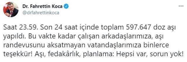 Gün sonunu işaret eden Bakan Koca aşılamada rekor müjdesini verdi: Bugün 600 bin doz aşı yapıldı Gün sonunu işaret eden Bakan Koca aşılamada rekor müjdesini verdi: Bugün 600 bin doz aşı yapıldı