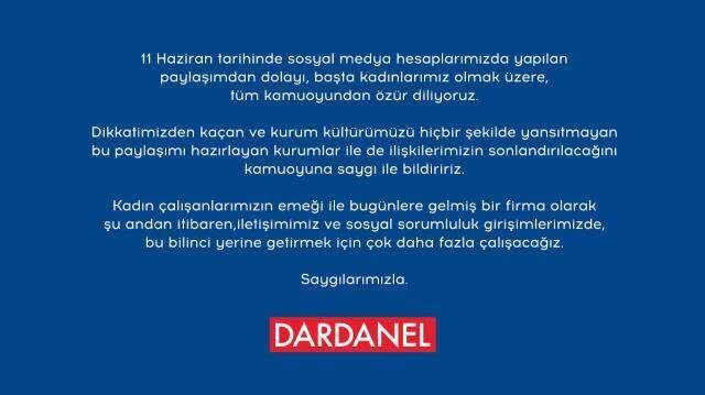 Tepki çeken 'makarna' paylaşımından sonra Dardanel'den özür geldi: Kurumla ilişkimizi sonlandırdık Tepki çeken 'makarna' paylaşımından sonra Dardanel'den özür geldi: Kurumla ilişkimizi sonlandırdık