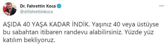Son Dakika! 40 yaş ve üstü vatandaşlar, bu sabah itibarıyla aşı programına dahil edildi Son Dakika! 40 yaş ve üstü vatandaşlar, bu sabah itibarıyla aşı programına dahil edildi
