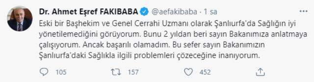 AK Partili Fakıbaba'dan Bakan Koca'ya Şanlıurfa eleştirisi: 2 yıldan beri anlatmaya çalışıyorum, sağlık sistemi iyi yönetilmiyor AK Partili Fakıbaba'dan Bakan Koca'ya Şanlıurfa eleştirisi: 2 yıldan beri anlatmaya çalışıyorum, sağlık sistemi iyi yönetilmiyor