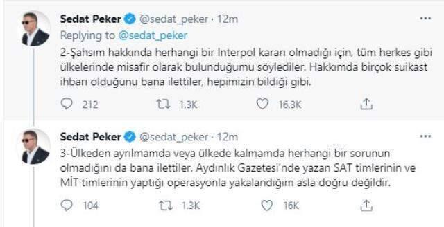 Sedat Peker'den 'gözaltına alındı' iddialarına yanıt: Yetkililerle karşılıklı sohbette bulunduk Sedat Peker'den 'gözaltına alındı' iddialarına yanıt: Yetkililerle karşılıklı sohbette bulunduk