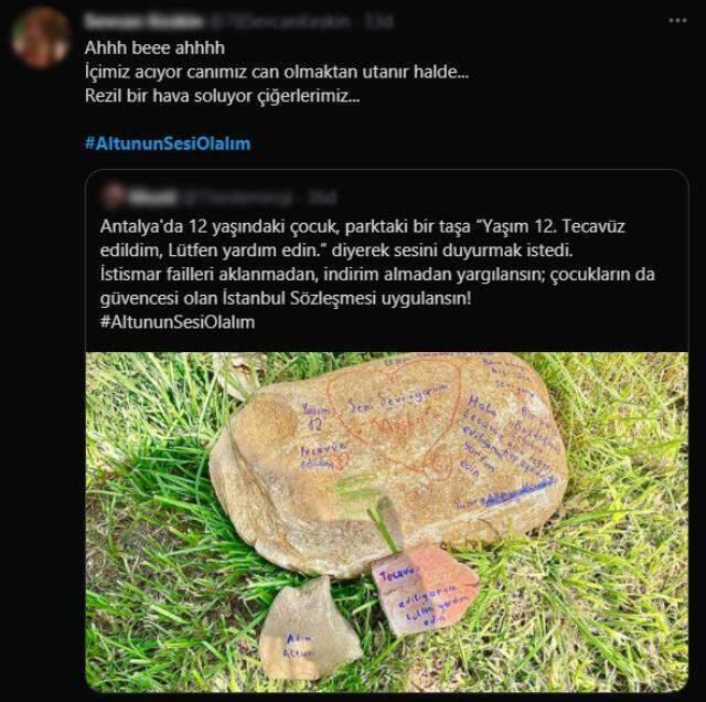 Taşa yazılan 'Adım Altun, yaşım 12 ve tecavüze uğruyorum' yazısı polisi alarma geçirdi Taşa yazılan 'Adım Altun, yaşım 12 ve tecavüze uğruyorum' yazısı polisi alarma geçirdi