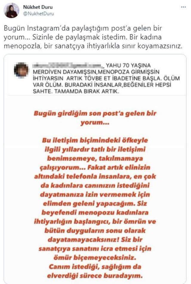 'Menopoza girmişsin' mesajı Nükhet Duru'yu kızdırdı 'Menopoza girmişsin' mesajı Nükhet Duru'yu kızdırdı