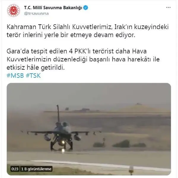 MSB: Irak'ın kuzeyindeki Gara'da 4 PKK'lı terörist hava harekatıyla etkisiz hale getirildi MSB: Irak'ın kuzeyindeki Gara'da 4 PKK'lı terörist hava harekatıyla etkisiz hale getirildi