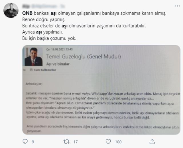 QNB Finanbank Genel Müdürü'nün personele attığı mail sosyal medyayı ikiye böldü