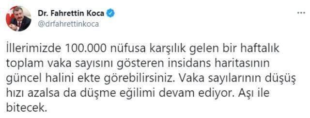 Son Dakika: İllere göre haftalık vaka haritası açıklandı