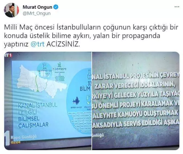 Türkiye-Galler maçı öncesi TRT'de yayınlanan Kanal İstanbul reklamı İBB Sözcüsü Ongun'un tepkisini çekti Türkiye-Galler maçı öncesi TRT'de yayınlanan Kanal İstanbul reklamı İBB Sözcüsü Ongun'un tepkisini çekti